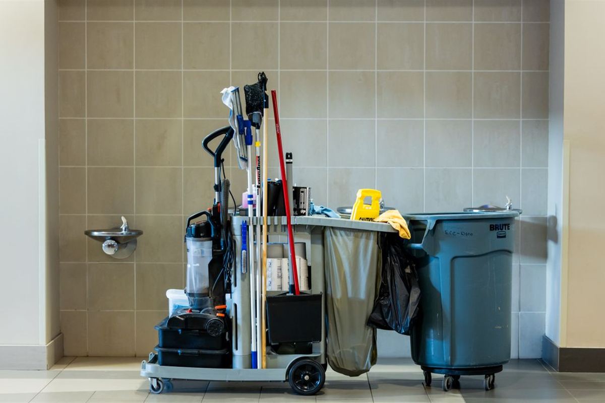 Stocked janitorial cart ready for the evening visit: janitorial services in Reston, VA