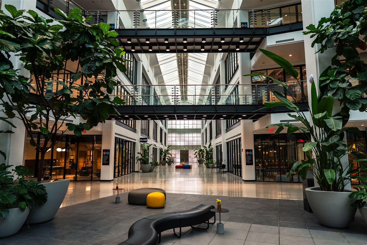 Open office atrium and lobby, a shared space a day porter looks after while the building is in use