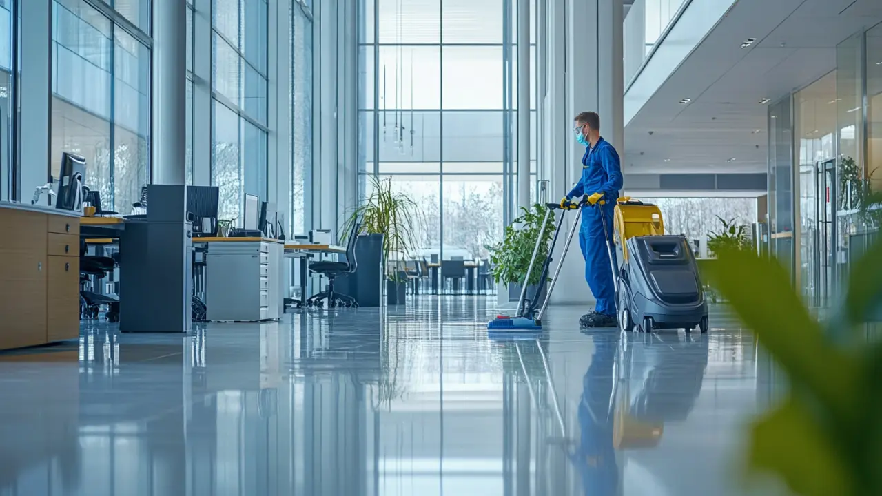 Cleaner with a floor machine in an office lobby: janitorial services in Herndon, VA