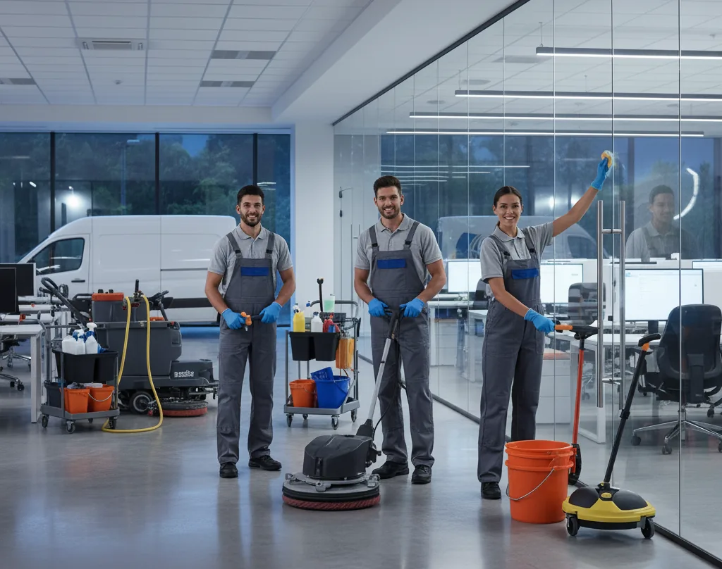 Janitorial team with cleaning equipment in a commercial building: janitorial services in Rockville, MD