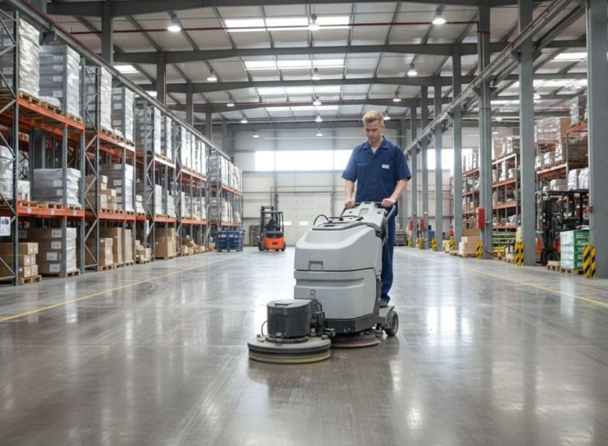 Janitor running a floor scrubbing machine through a warehouse: janitorial services in Columbia, MD