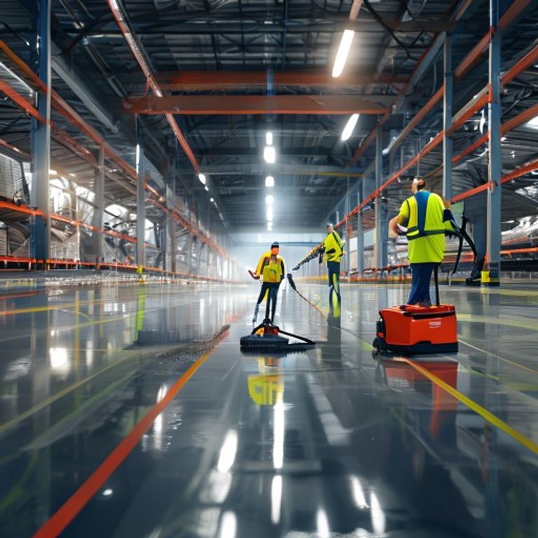 Workers in safety vests scrubbing a polished warehouse floor